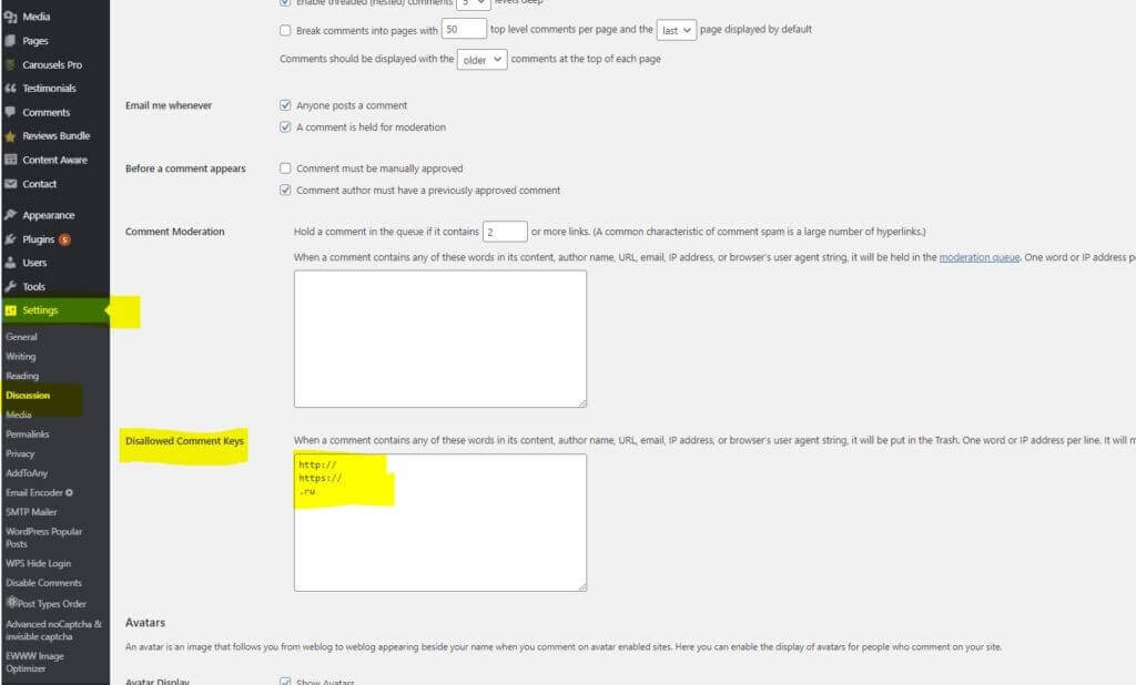 Disallowed Comment Keys