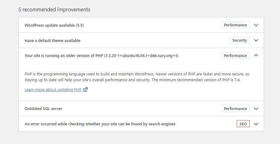 WordPress Site Health minimum recommended version of PHP is 7.4