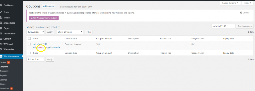 WooCommerce Coupon Delete Screenshot
