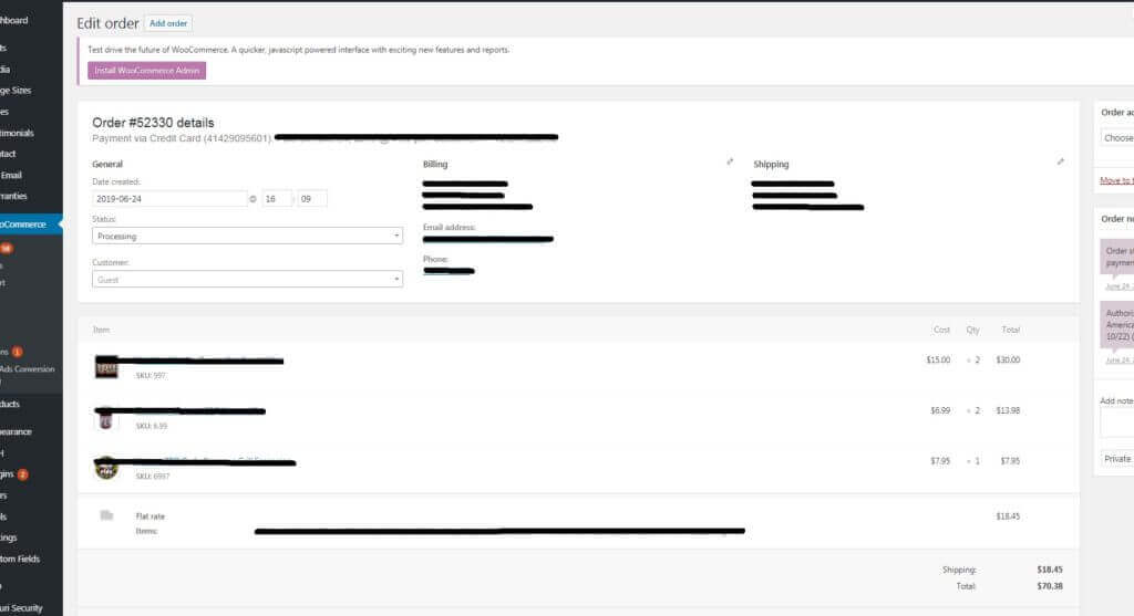 WordPress WooCommerce Order screenshot